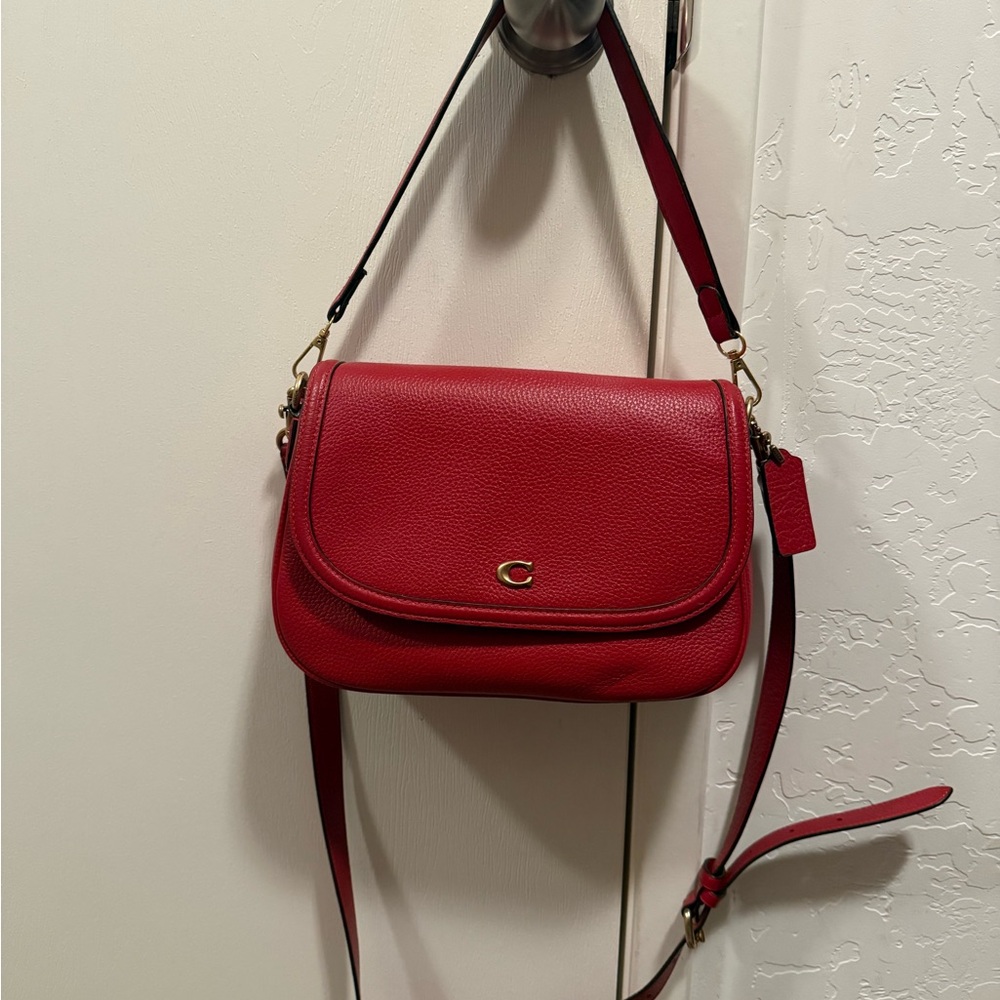 Coach Red Pebbled Leather Flap Crossbody Bag with Gold Tone C